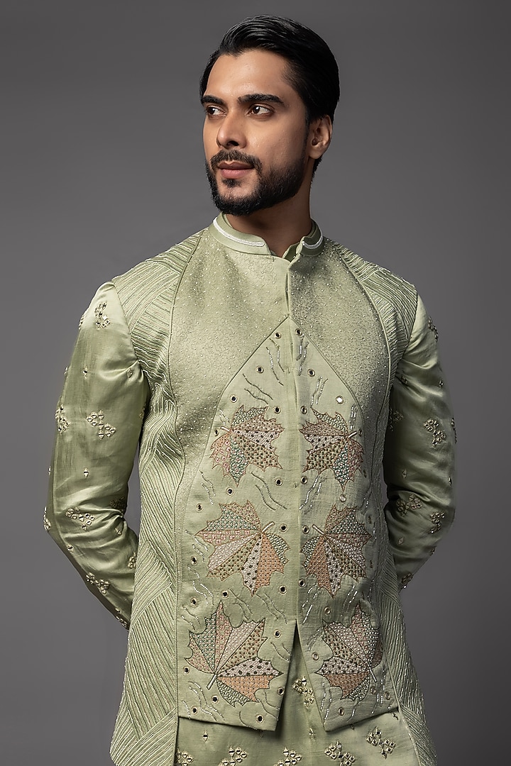Mint Green Linen Satin Mirror Work Kurta Set by PAARSH at Pernia's Pop Up Shop