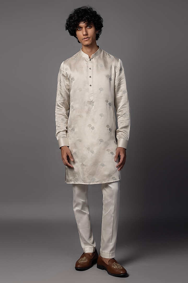 Light Grey Linen Satin Resham Embroidered Kurta Set by PAARSH