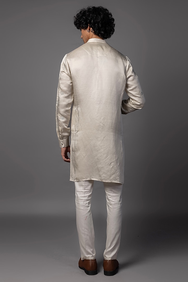 Light Grey Linen Satin Resham Embroidered Kurta Set by PAARSH at Pernia's Pop Up Shop