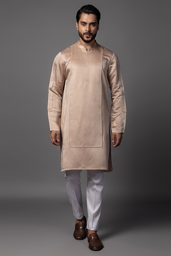 Dusty Pink Linen Satin Pintuck Kurta Set by PAARSH