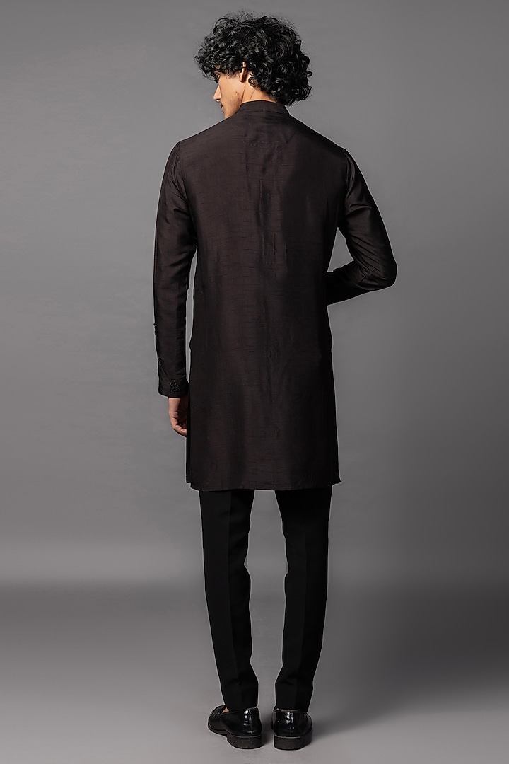 Dark Brown Bam Silk Floral Motifs Embroidered Kurta Set by PAARSH at Pernia's Pop Up Shop