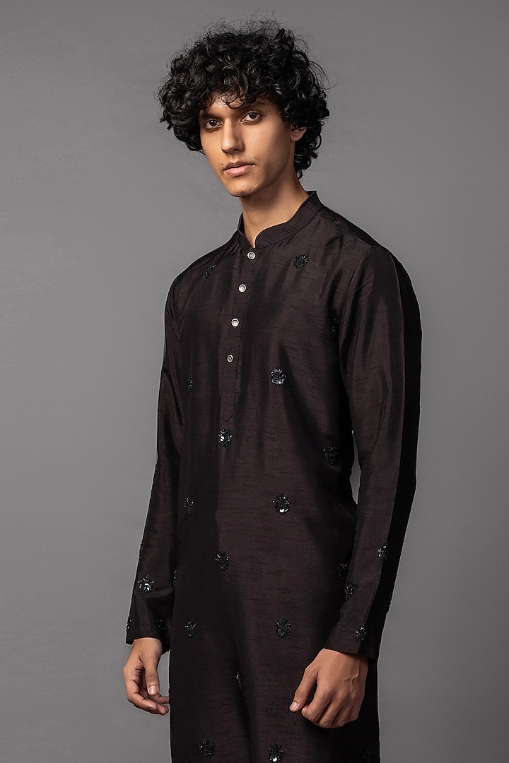 Dark Brown Bam Silk Floral Motifs Embroidered Kurta Set by PAARSH at Pernia's Pop Up Shop