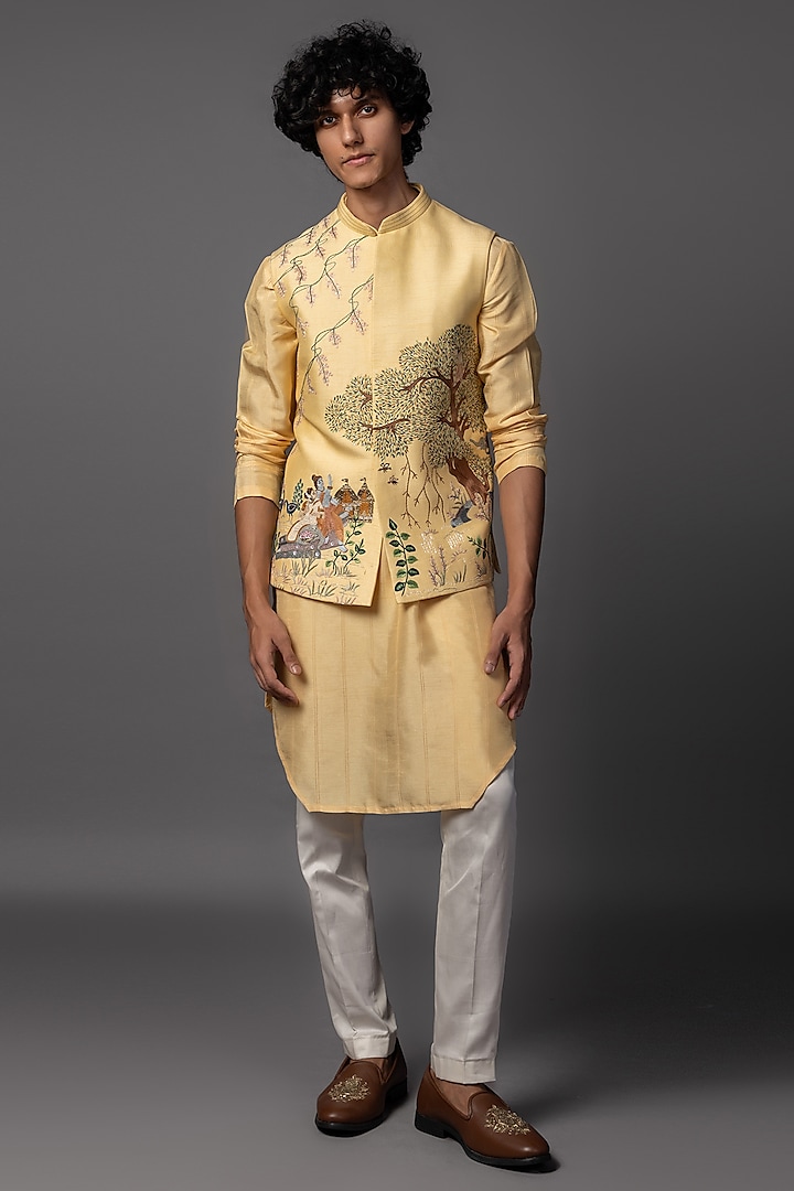 Light Yellow Bam Silk Embroidered Nehru Jacket Set by PAARSH