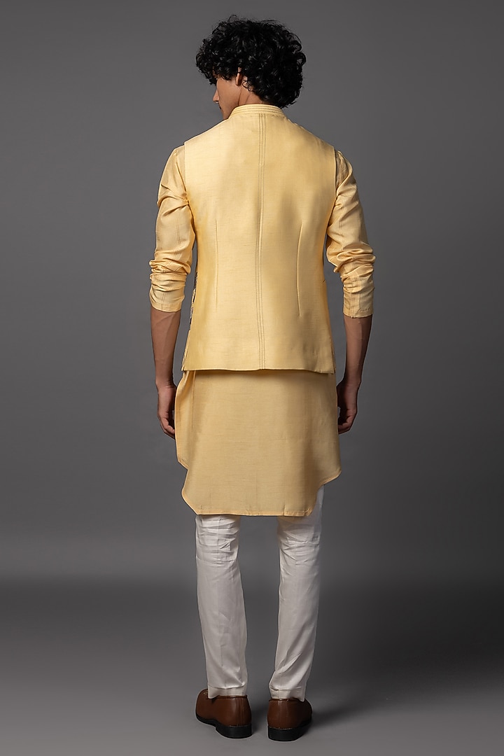 Light Yellow Bam Silk Embroidered Nehru Jacket Set by PAARSH at Pernia's Pop Up Shop