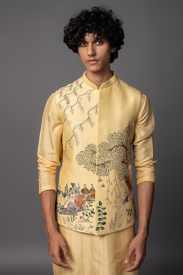 Light Yellow Bam Silk Embroidered Nehru Jacket Set by PAARSH at Pernia's Pop Up Shop