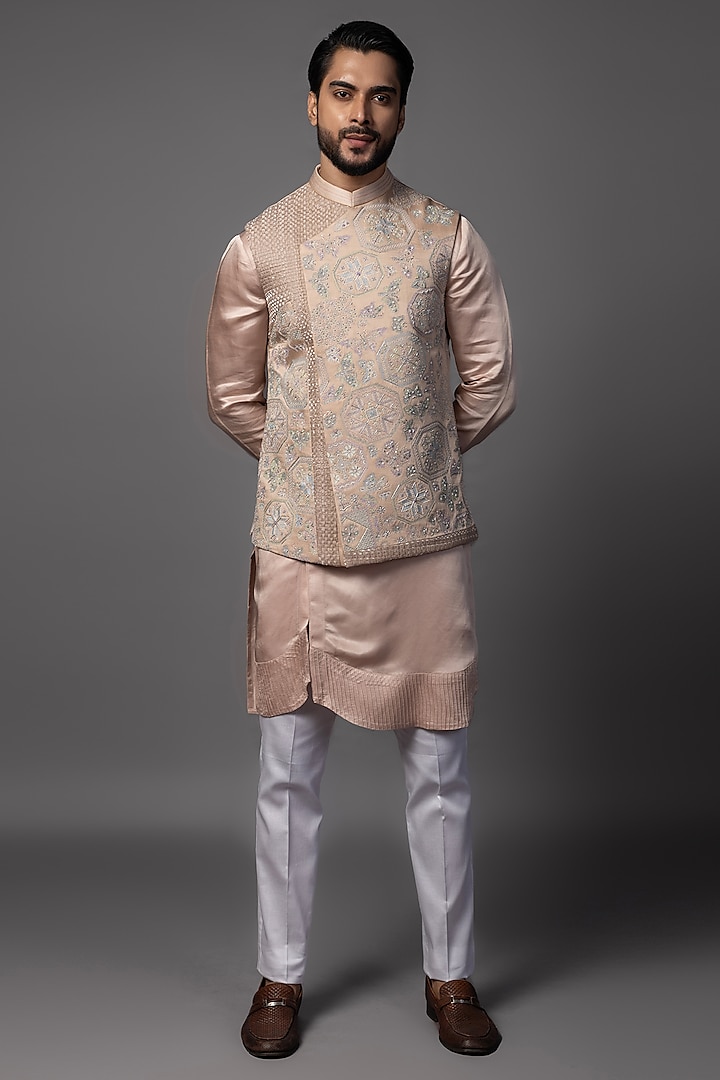 Pink Linen Satin Embroidered Asymmetric Nehru Jacket Set by PAARSH