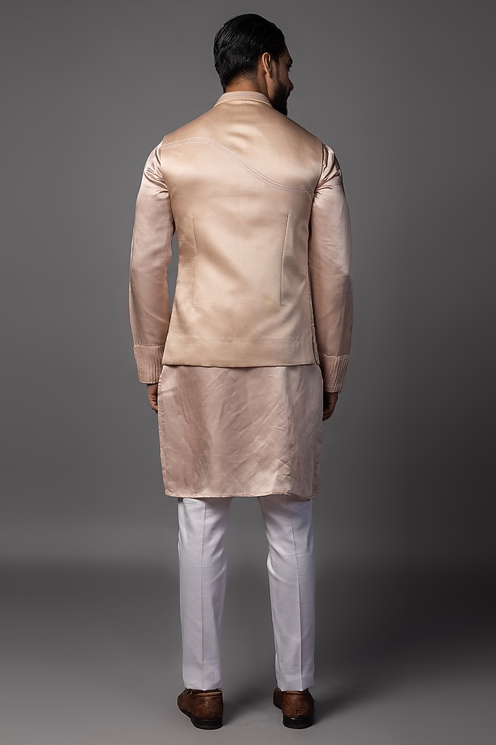 Pink Linen Satin Embroidered Asymmetric Nehru Jacket Set by PAARSH at Pernia's Pop Up Shop