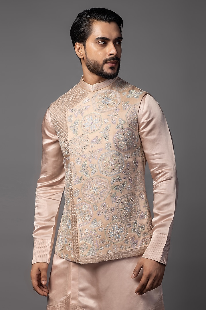 Pink Linen Satin Embroidered Asymmetric Nehru Jacket Set by PAARSH at Pernia's Pop Up Shop
