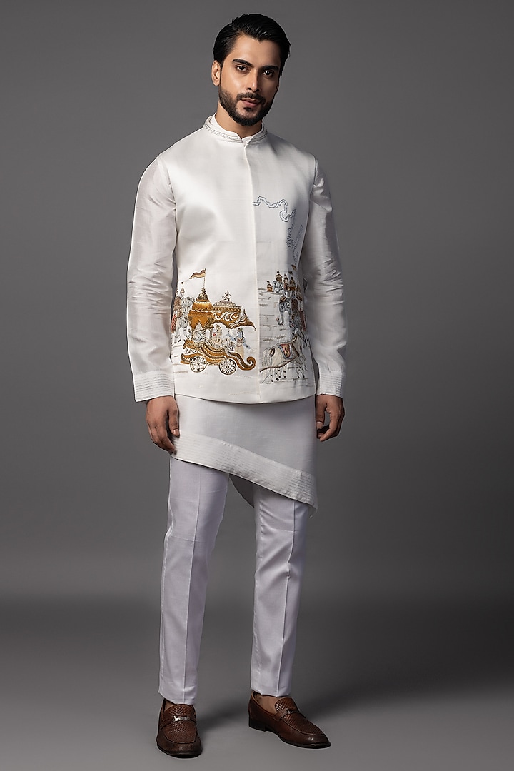 White Linen Satin Dabka Work & Handpainted Nehru Jacket Set by PAARSH