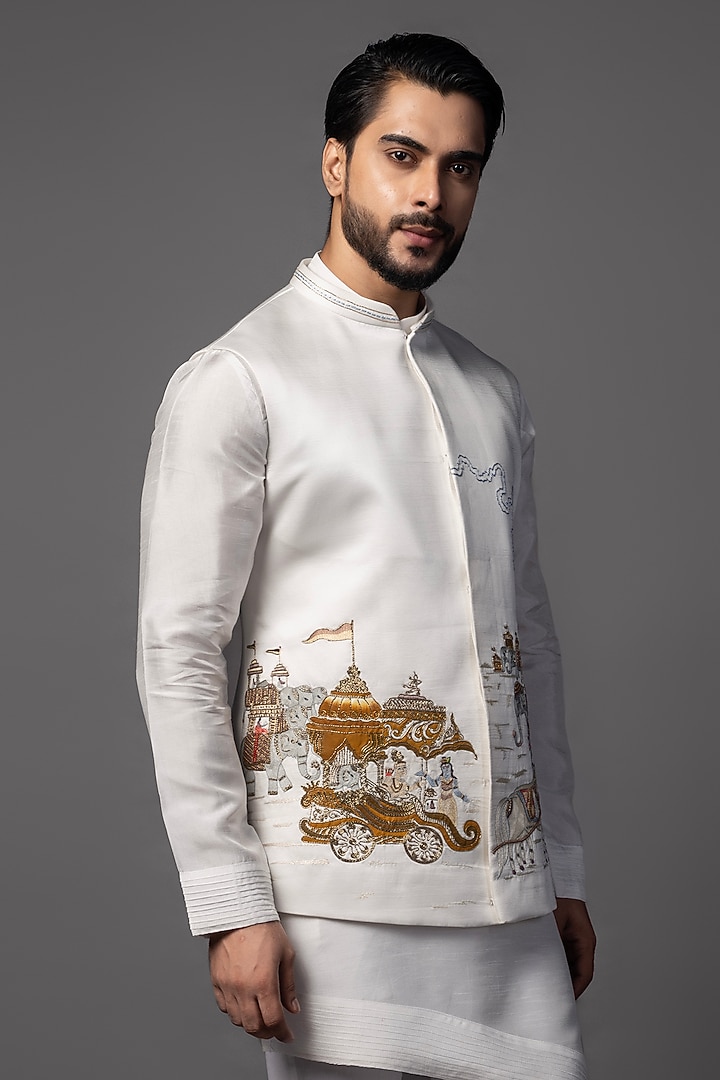 White Linen Satin Dabka Work & Handpainted Nehru Jacket Set by PAARSH at Pernia's Pop Up Shop