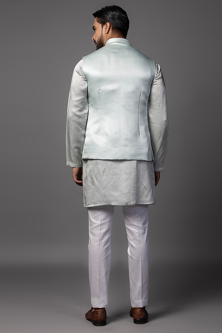 Powder Blue Linen Satin Cord Embroidered Nehru Jacket Set by PAARSH at Pernia's Pop Up Shop