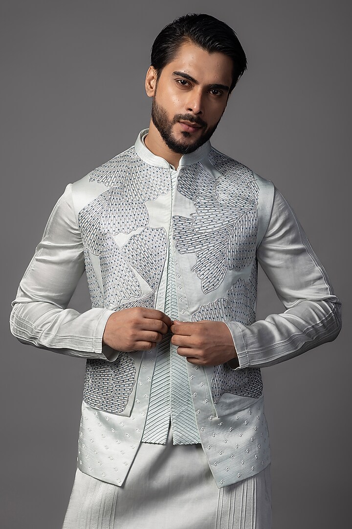 Powder Blue Linen Satin Cord Embroidered Nehru Jacket Set by PAARSH at Pernia's Pop Up Shop