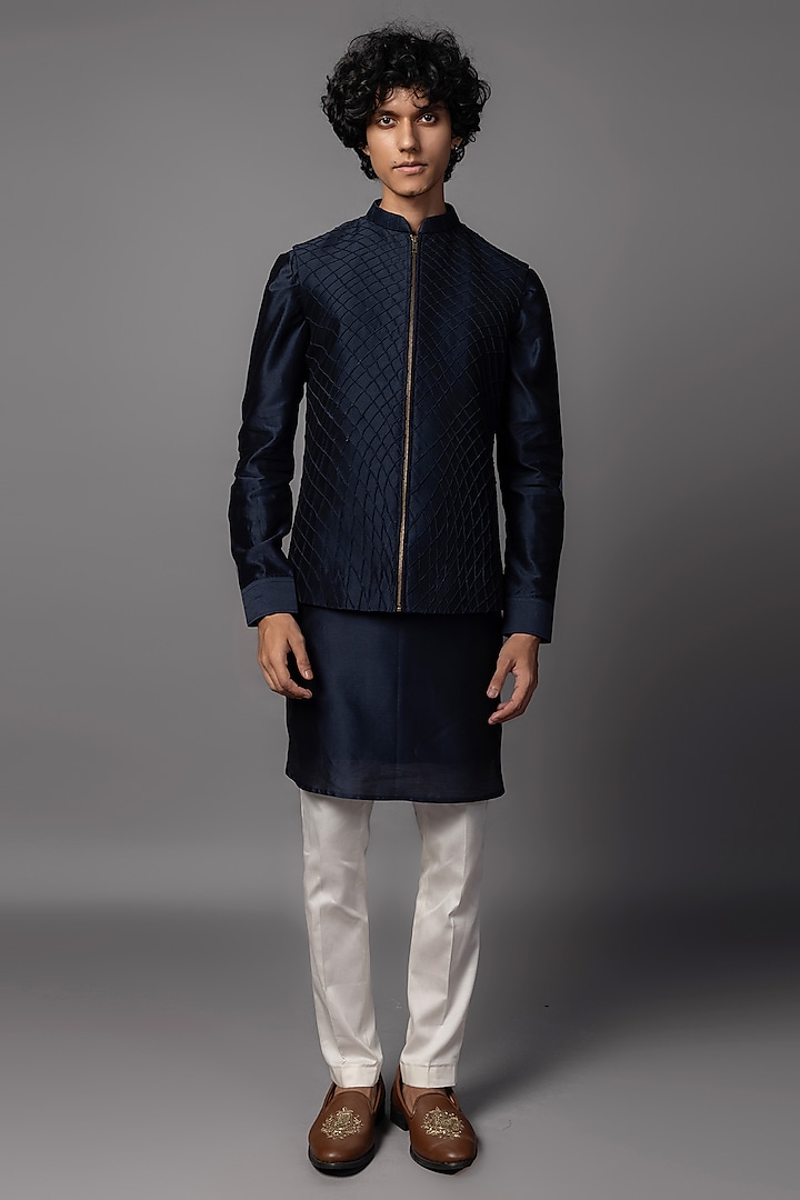 Navy Chanderi Nehru Jacket Set by PAARSH