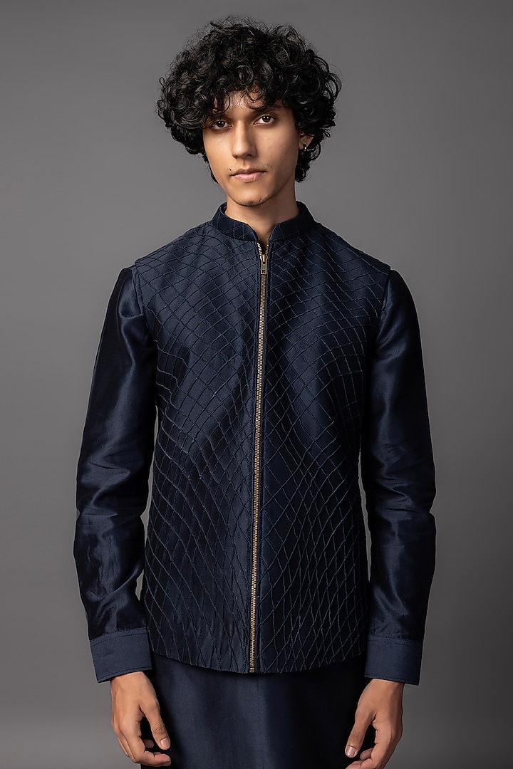 Navy Chanderi Nehru Jacket Set by PAARSH at Pernia's Pop Up Shop