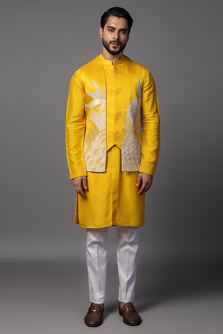 Mustard Yellow Linen Satin Dabka Work Nehru Jacket Set by PAARSH