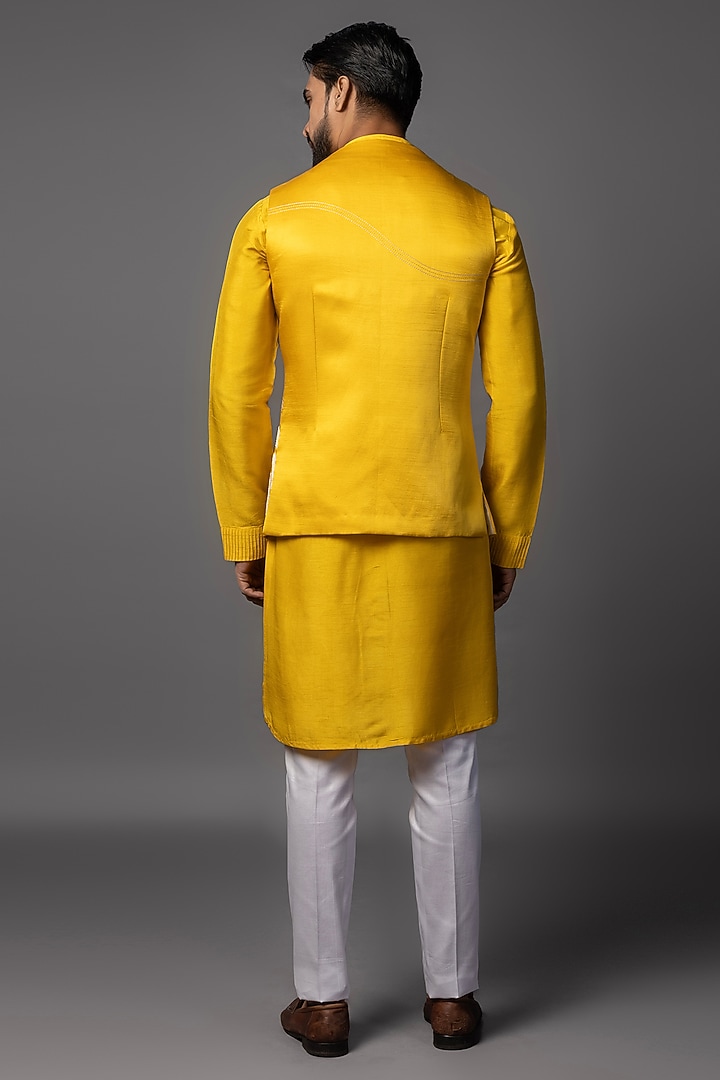 Mustard Yellow Linen Satin Dabka Work Nehru Jacket Set by PAARSH at Pernia's Pop Up Shop