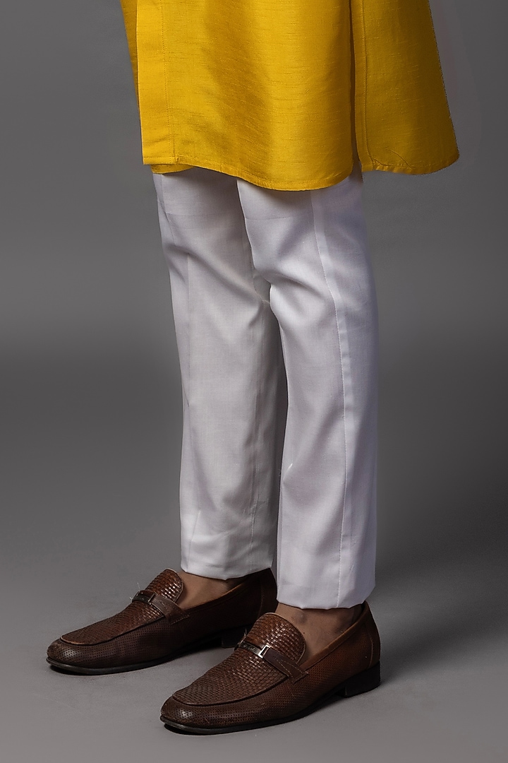 Mustard Yellow Linen Satin Dabka Work Nehru Jacket Set by PAARSH at Pernia's Pop Up Shop