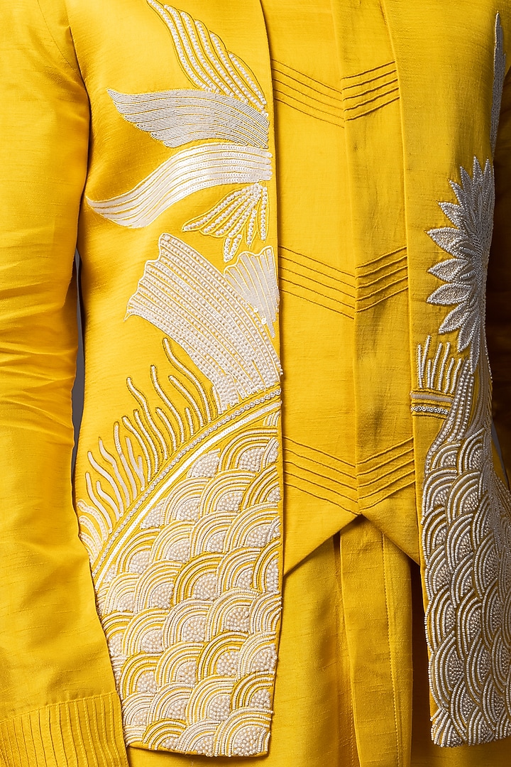 Mustard Yellow Linen Satin Dabka Work Nehru Jacket Set by PAARSH at Pernia's Pop Up Shop