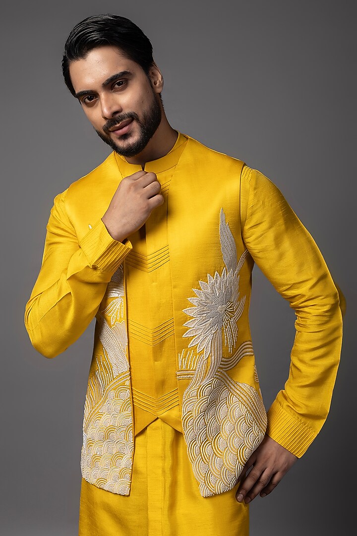 Mustard Yellow Linen Satin Dabka Work Nehru Jacket Set by PAARSH at Pernia's Pop Up Shop