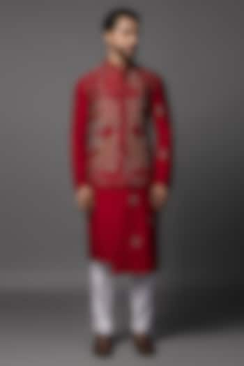 Red Bam Silk Cutdana Work Nehru Jacket Set by PAARSH