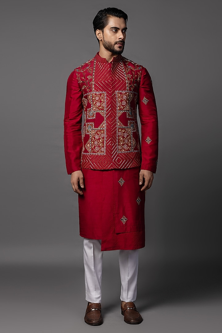 Red Bam Silk Cutdana Work Nehru Jacket Set by PAARSH