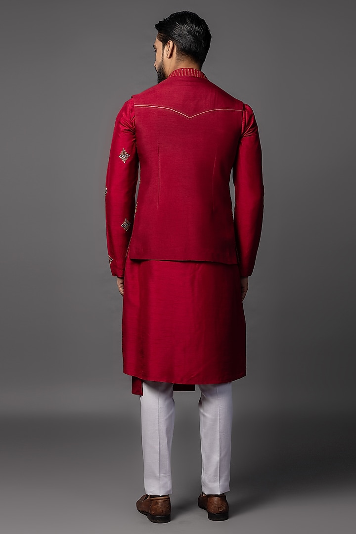 Red Bam Silk Cutdana Work Nehru Jacket Set by PAARSH at Pernia's Pop Up Shop