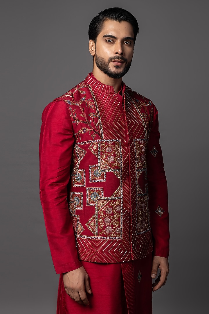 Red Bam Silk Cutdana Work Nehru Jacket Set by PAARSH at Pernia's Pop Up Shop