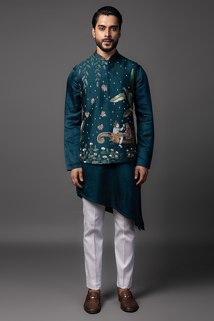 Teal Blue Bam Silk Resham Embroidered Nehru Jacket Set by PAARSH