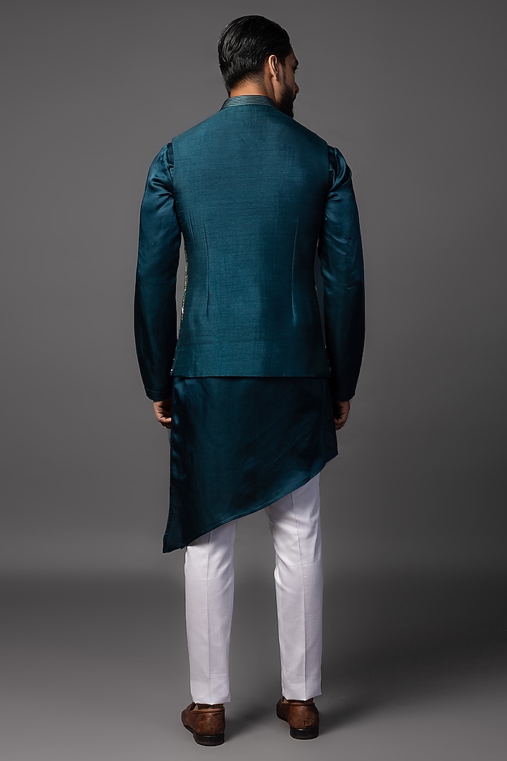 Teal Blue Bam Silk Resham Embroidered Nehru Jacket Set by PAARSH at Pernia's Pop Up Shop