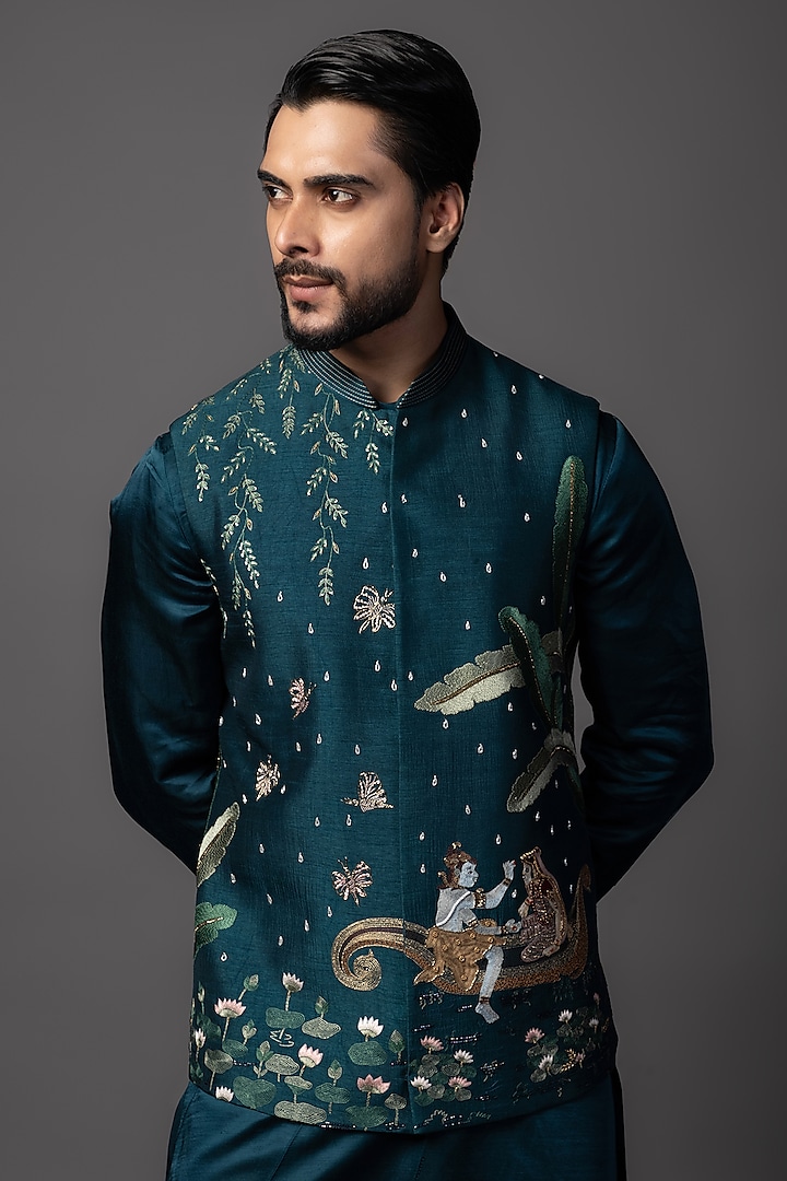 Teal Blue Bam Silk Resham Embroidered Nehru Jacket Set by PAARSH at Pernia's Pop Up Shop