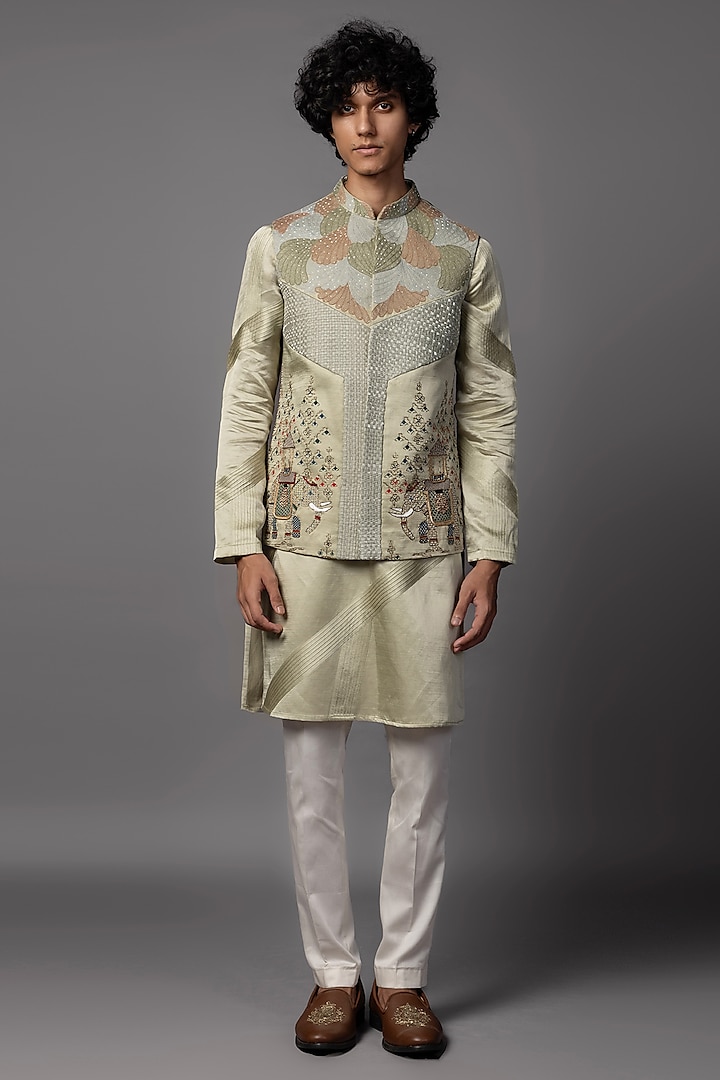 Saffle Green Linen Satin Embroidered Nehru Jacket Set by PAARSH