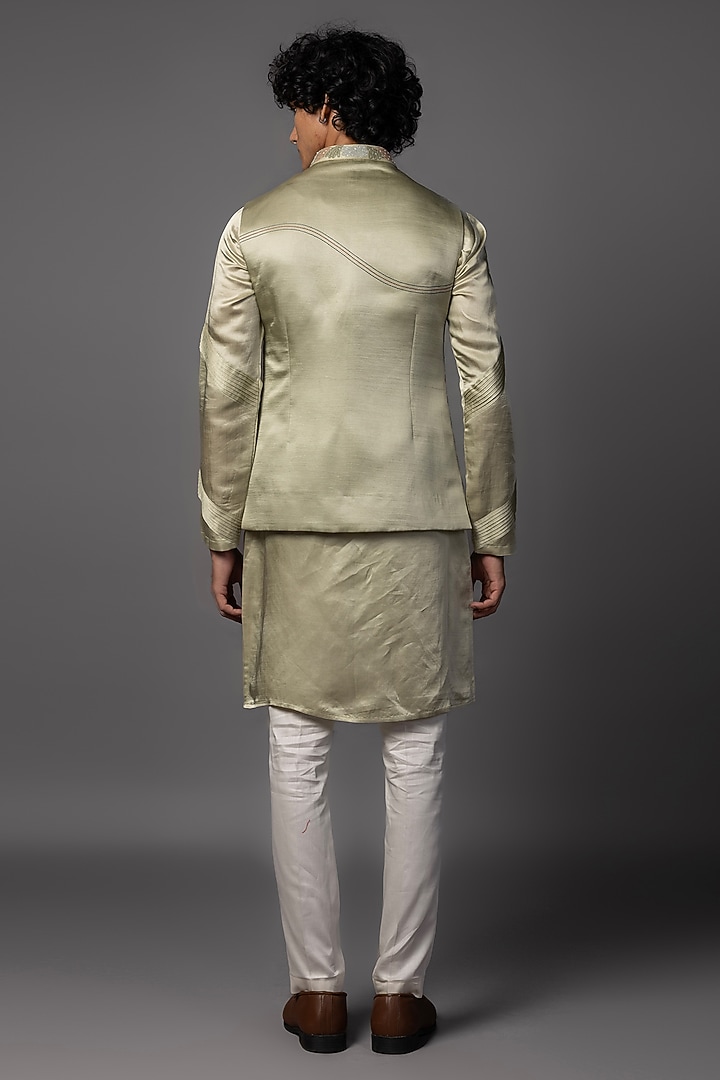 Saffle Green Linen Satin Embroidered Nehru Jacket Set by PAARSH at Pernia's Pop Up Shop