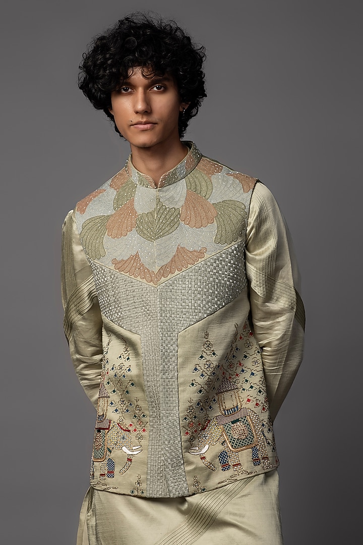 Saffle Green Linen Satin Embroidered Nehru Jacket Set by PAARSH at Pernia's Pop Up Shop