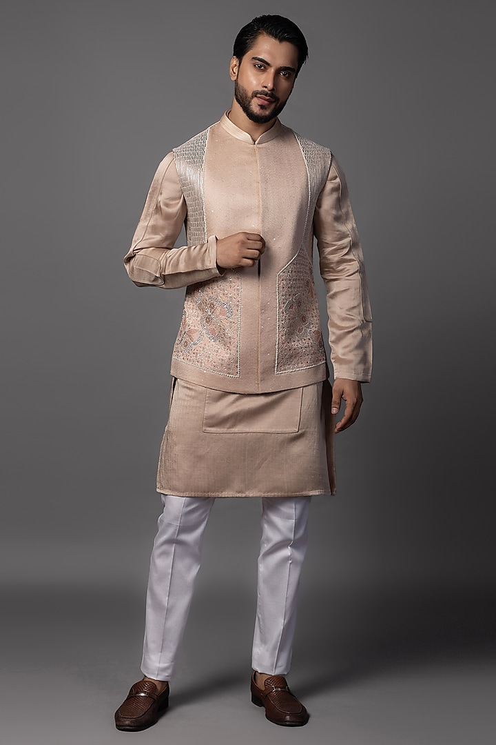 Baby Pink Linen Satin Embroidered Nehru Jacket Set by PAARSH