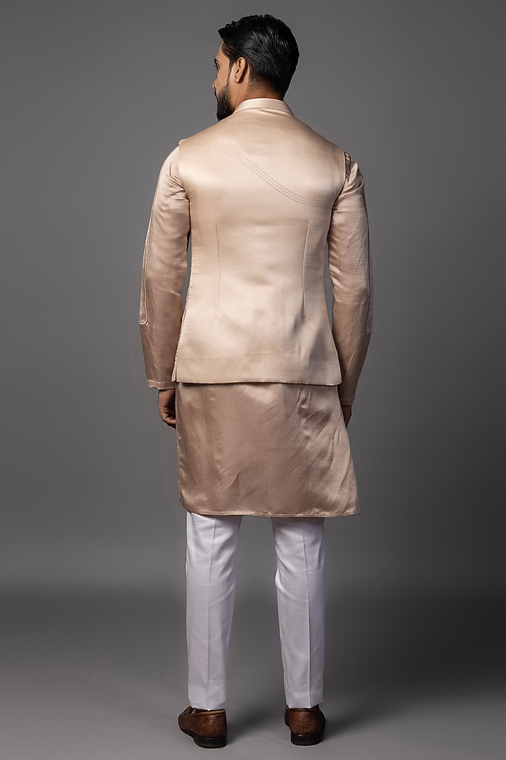 Baby Pink Linen Satin Embroidered Nehru Jacket Set by PAARSH at Pernia's Pop Up Shop
