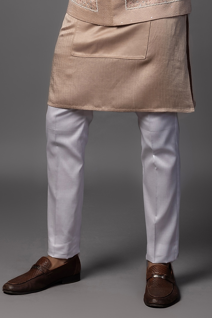 Baby Pink Linen Satin Embroidered Nehru Jacket Set by PAARSH at Pernia's Pop Up Shop
