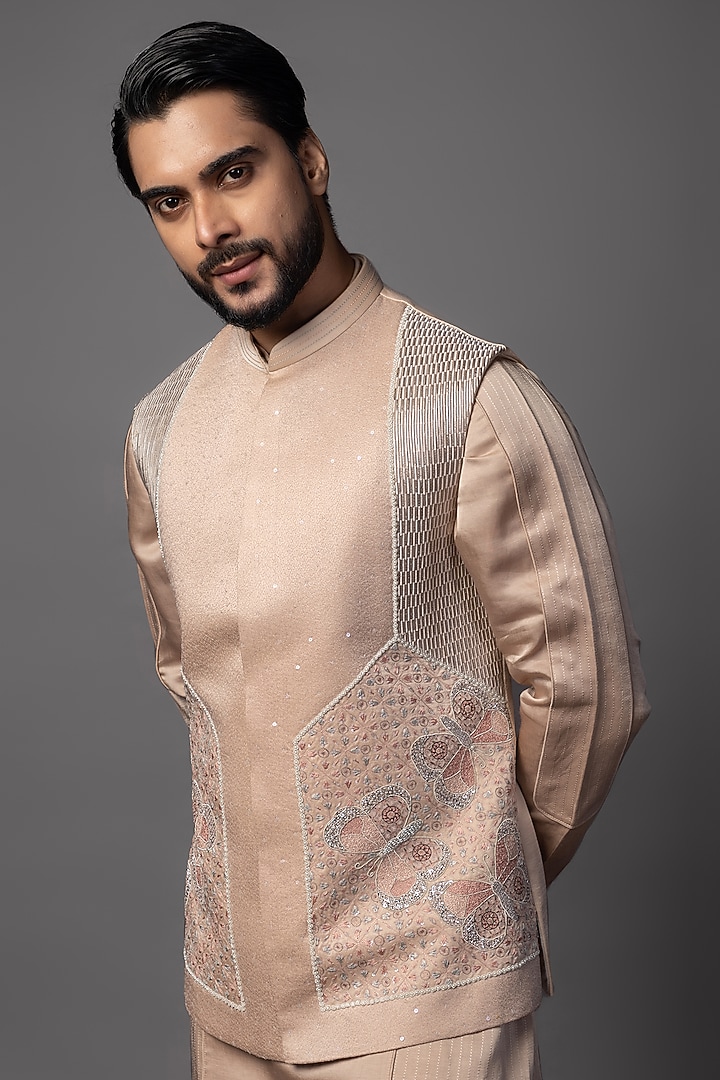 Baby Pink Linen Satin Embroidered Nehru Jacket Set by PAARSH at Pernia's Pop Up Shop