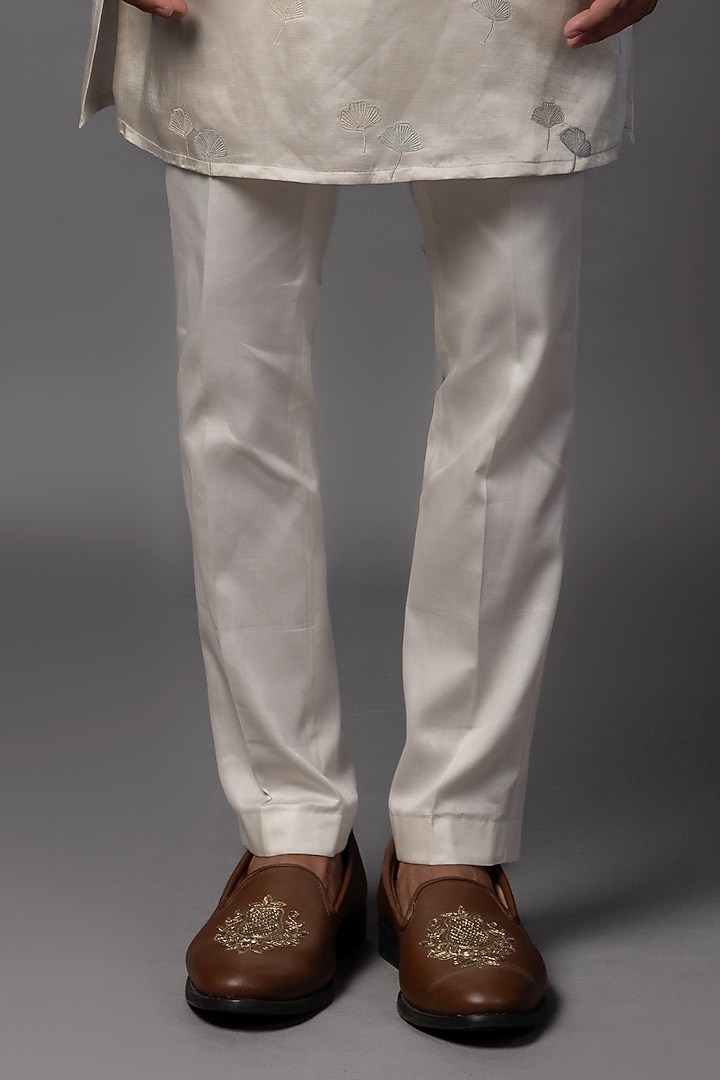 Light Grey Linen Satin Cutdana Embroidered Asymmetric Nehru Jacket Set by PAARSH at Pernia's Pop Up Shop