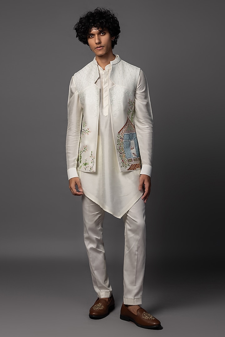 Cream Bam Silk Cutdana Embroidered Nehru Jacket Set by PAARSH