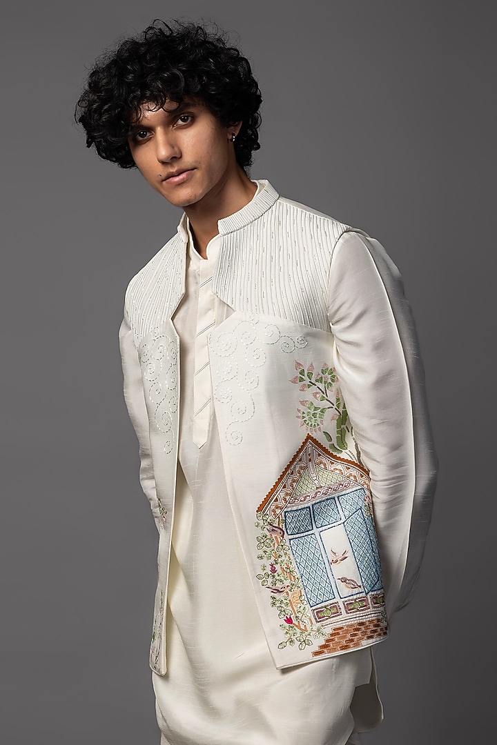 Cream Bam Silk Cutdana Embroidered Nehru Jacket Set by PAARSH at Pernia's Pop Up Shop