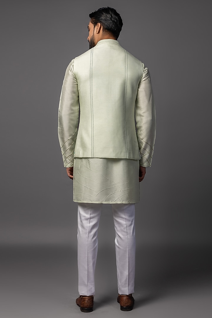 Pastel Mint Green Bam Silk Kantha Embroidered Nehru Jacket Set by PAARSH at Pernia's Pop Up Shop