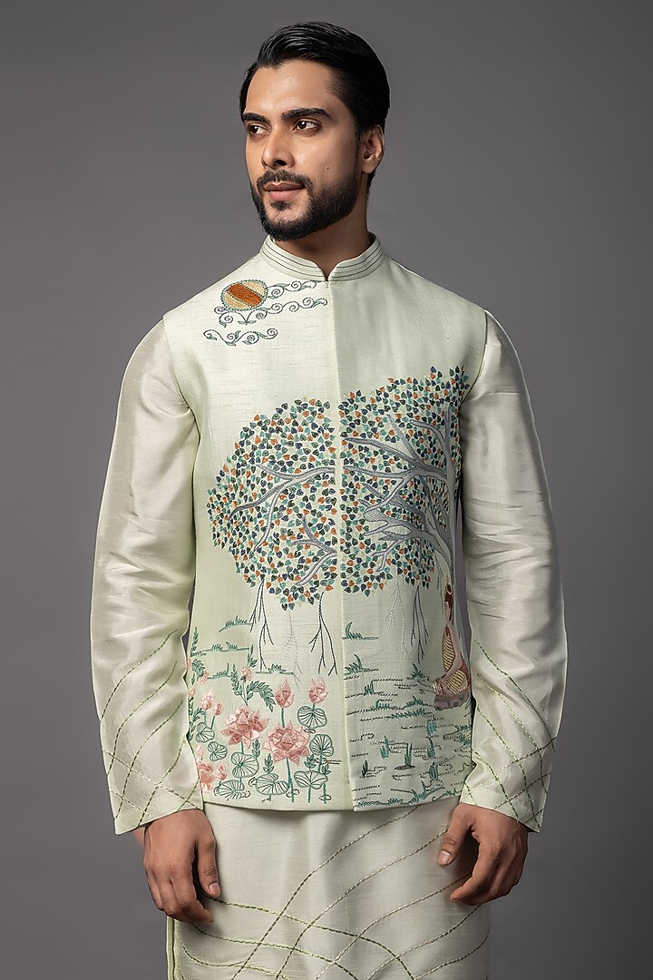 Pastel Mint Green Bam Silk Kantha Embroidered Nehru Jacket Set by PAARSH at Pernia's Pop Up Shop
