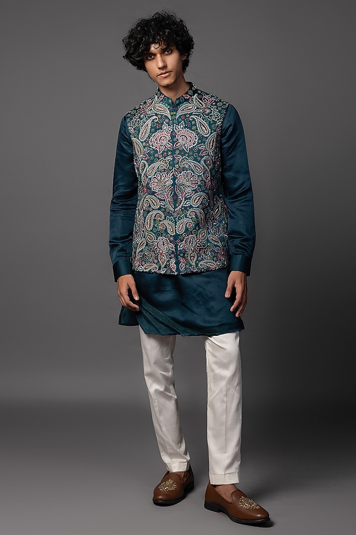 Teal Blue Linen Satin Resham Embellished Nehru Jacket Set by PAARSH