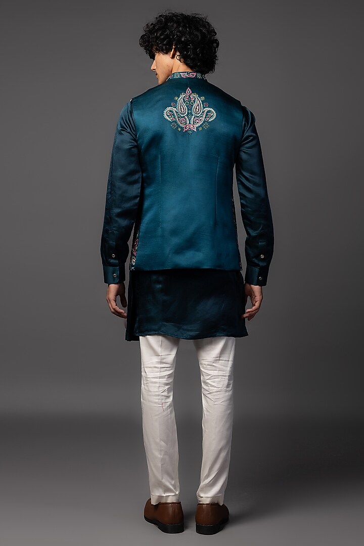 Teal Blue Linen Satin Resham Embellished Nehru Jacket Set by PAARSH at Pernia's Pop Up Shop