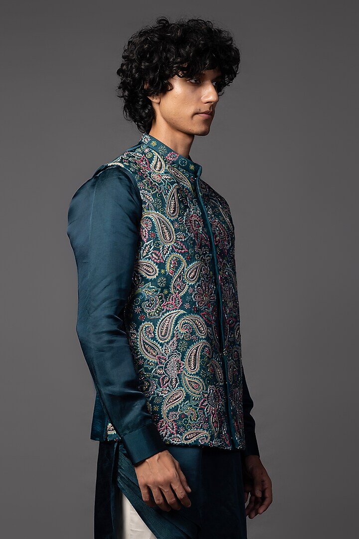 Teal Blue Linen Satin Resham Embellished Nehru Jacket Set by PAARSH at Pernia's Pop Up Shop