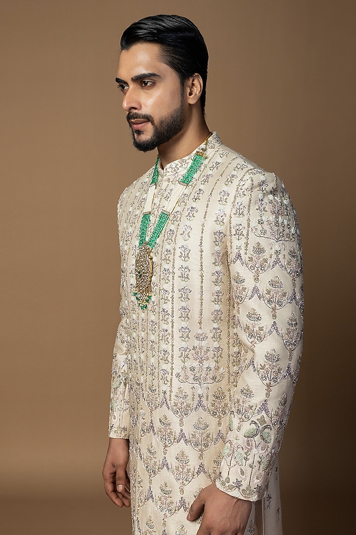 Blossom Pink Bam Silk Resham Work Groom Sherwani Set by PAARSH at Pernia's Pop Up Shop
