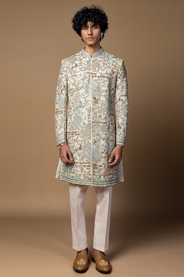 Ivory Organza Zari Work Sherwani Set by PAARSH