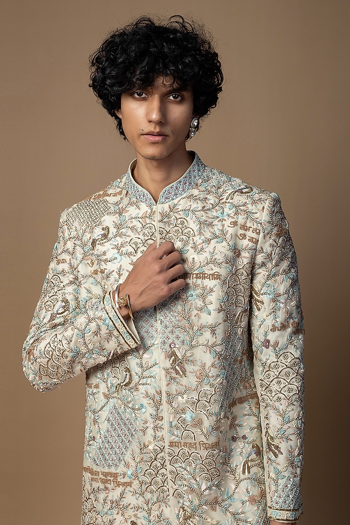 Ivory Organza Zari Work Groom Sherwani Set by PAARSH at Pernia's Pop Up Shop