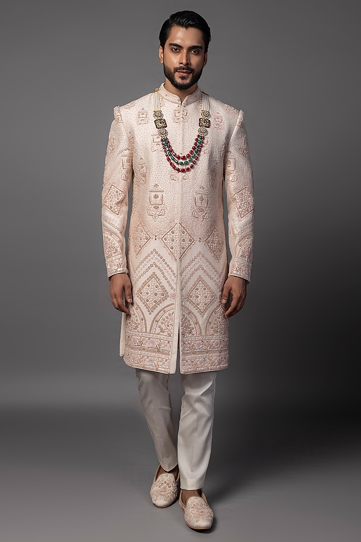 Peach Bam Silk Cutana Work Sherwani Set by PAARSH