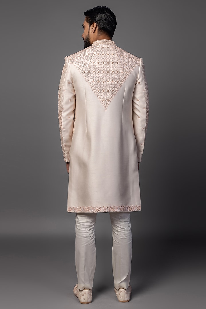 Peach Bam Silk Cutana Work Groom Sherwani Set by PAARSH at Pernia's Pop Up Shop